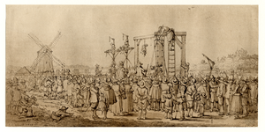 39509 Afbeelding van het ophangen van de kist met het lijk van de gewezen secretaris van de Staten van Utrecht, Gillis ...